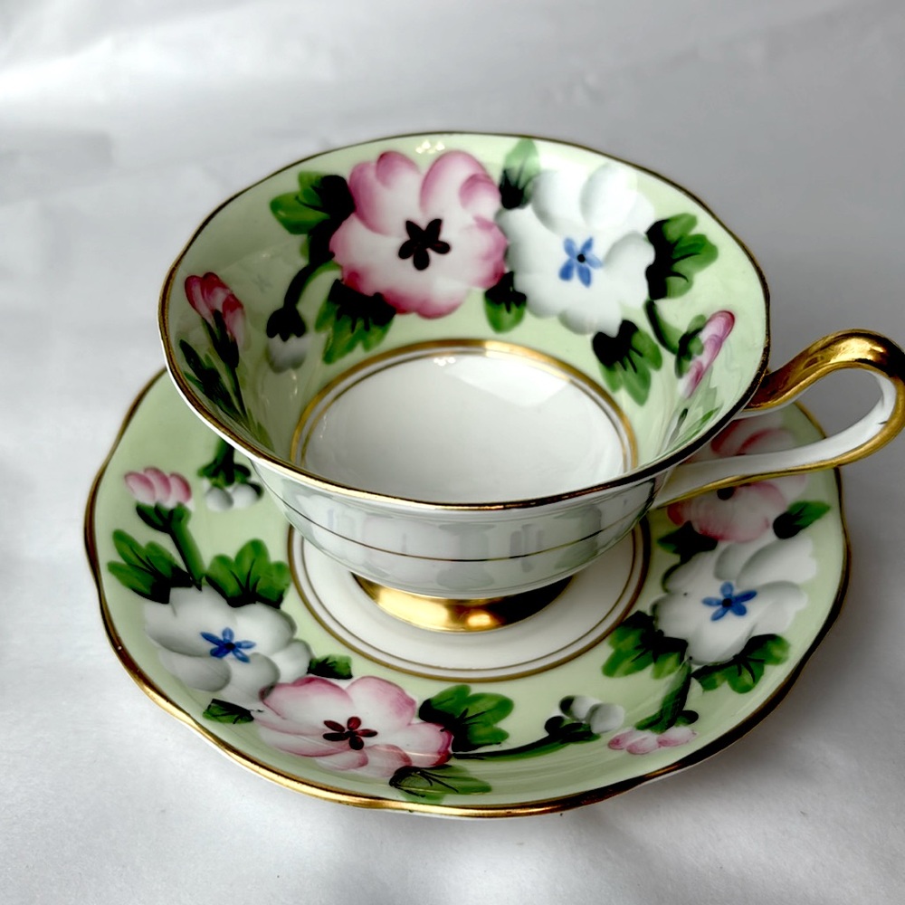 Royal Albert tea cup and saucer England Fine bone china Pink white & apple green